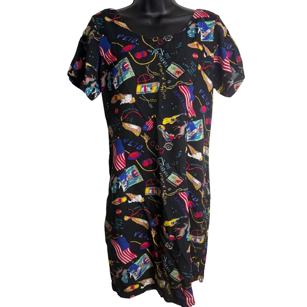 Pineapple Moon Vintage Dress Large 4th of July Sheath Black Short Sleeve New